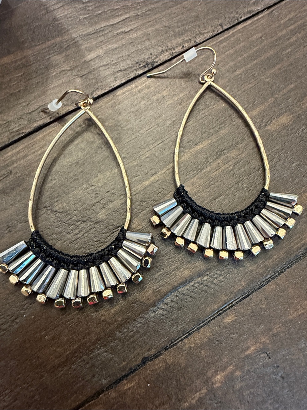 Gold Teardrop Earrings with Beaded Fringe